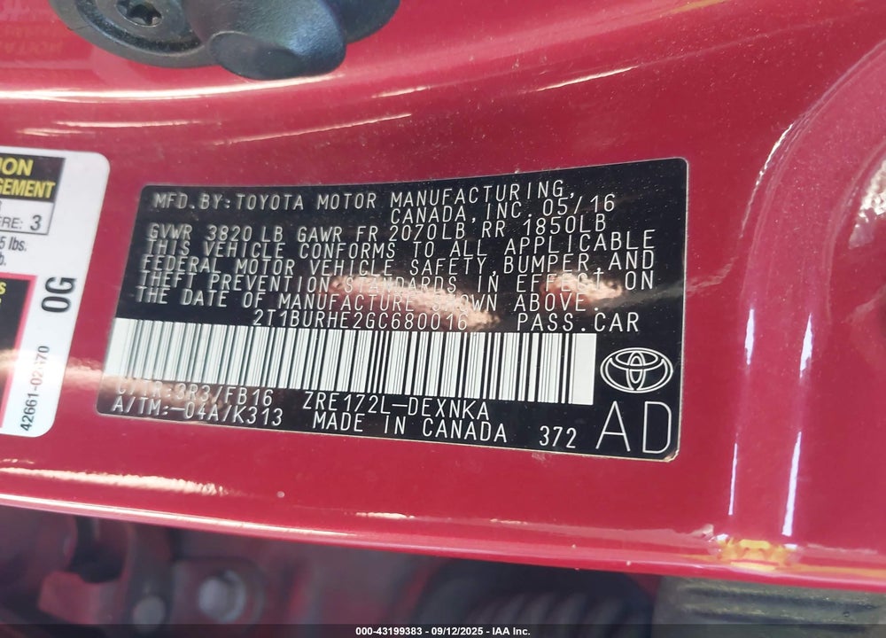 2016 TOYOTA COROLLA LE VIN: 2T1BURHE2GC680016