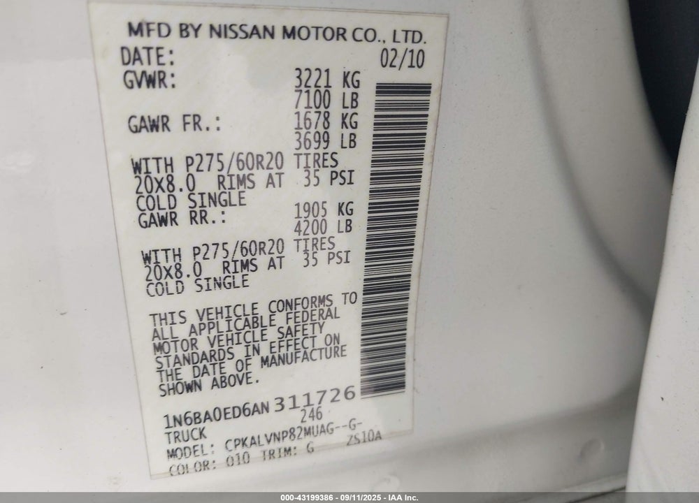 2010 NISSAN TITAN VIN: 1N6BA0ED6AN311726