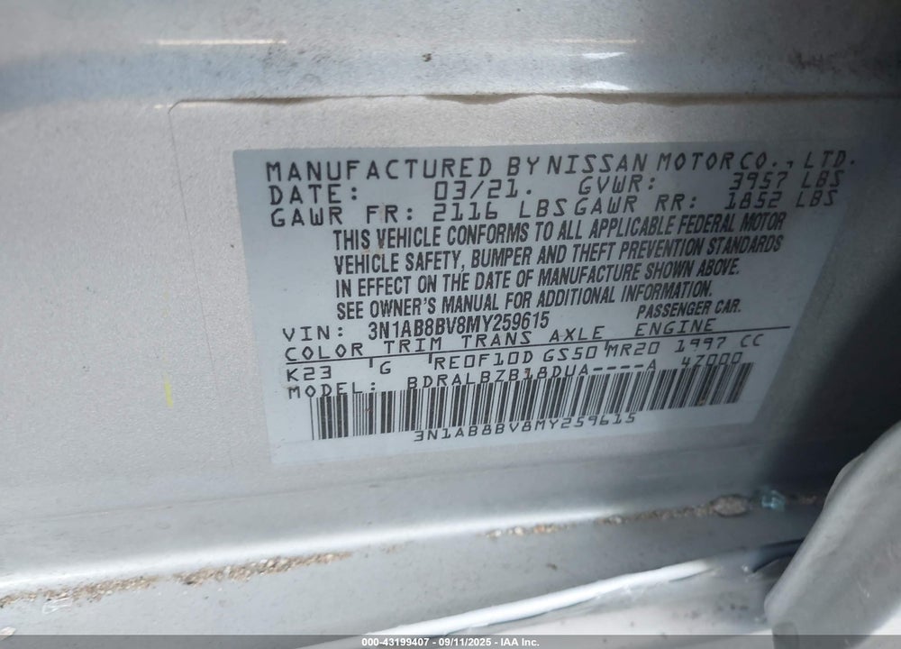 2021 NISSAN SENTRA S XTRONIC CVT VIN: 3N1AB8BV8MY259615
