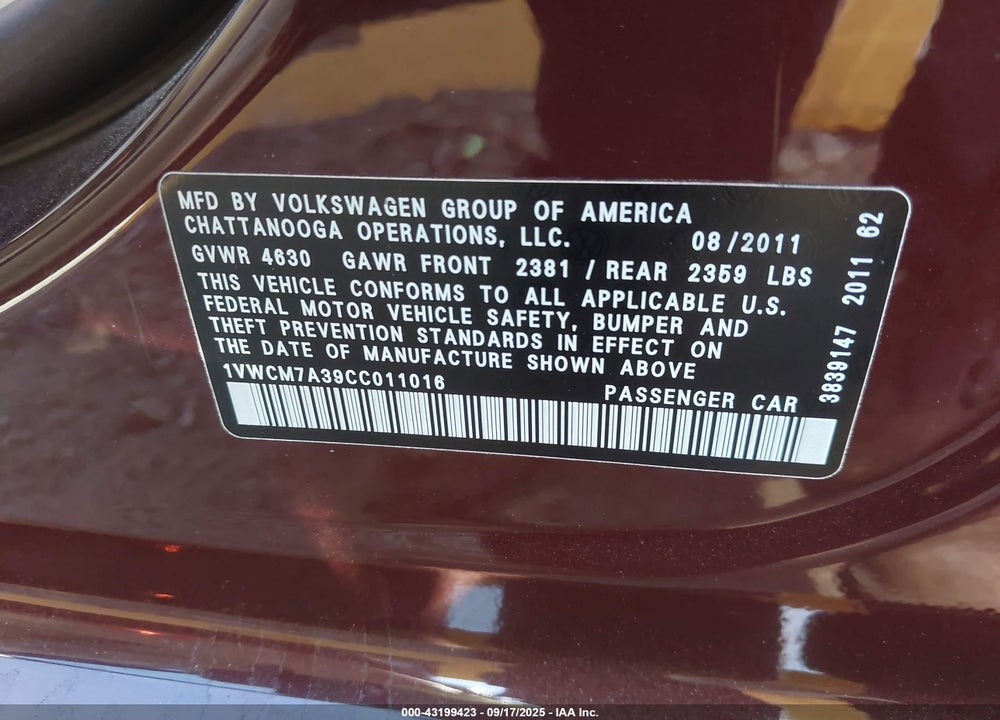 2012 VOLKSWAGEN PASSAT VIN: 1VWCM7A39CC011016