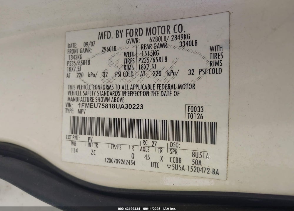 2008 FORD EXPLORER VIN: 1FMEU75818UA30223