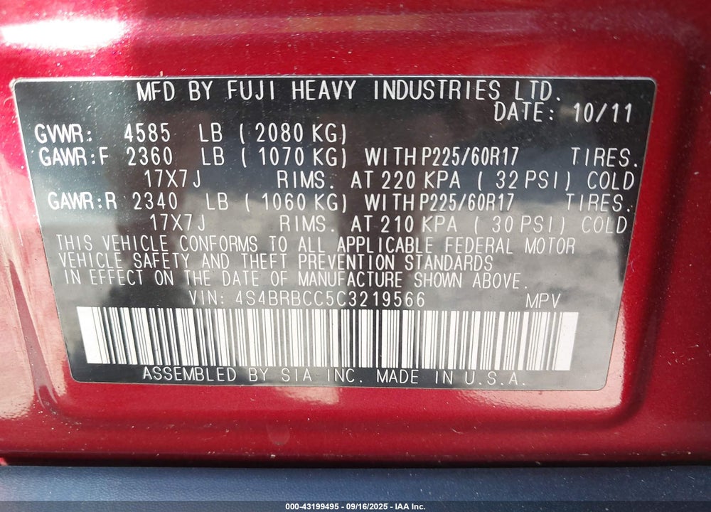 2012 SUBARU OUTBACK VIN: 4S4BRBCC5C3219566