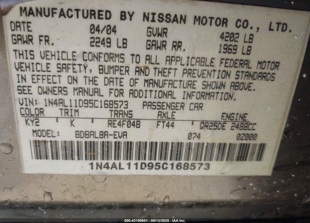2005 NISSAN ALTIMA 2.5 S VIN: 1N4AL11D95C168573
