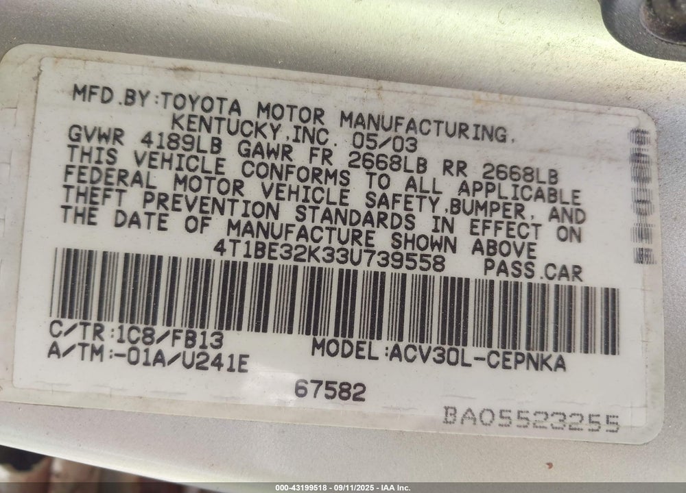 2003 TOYOTA CAMRY LE VIN: 4T1BE32K33U739558