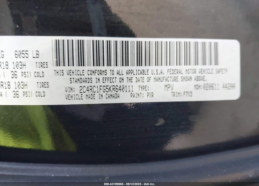 2019 CHRYSLER PACIFICA VIN: 2C4RC1FG5KR640111