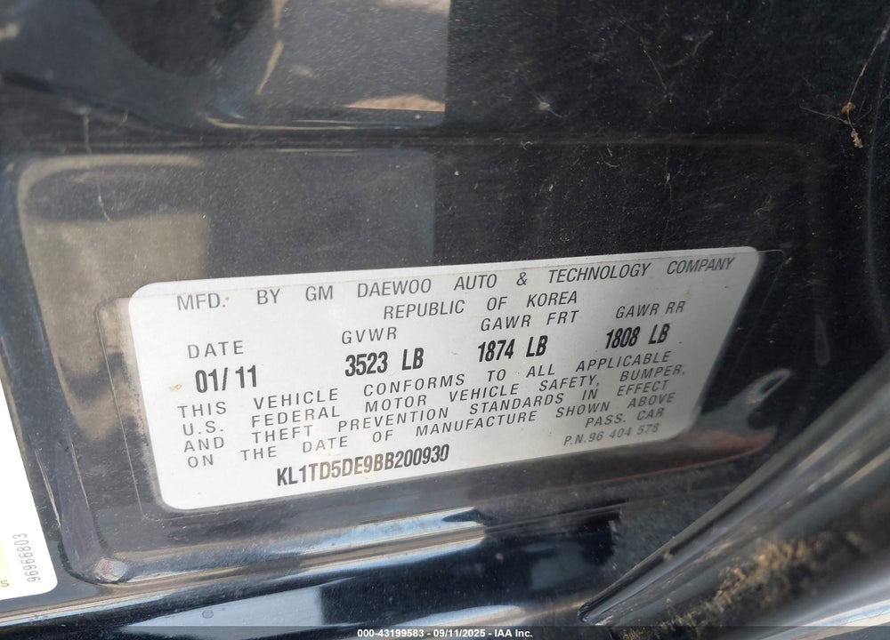 2011 CHEVROLET AVEO VIN: KL1TD5DE9BB200930