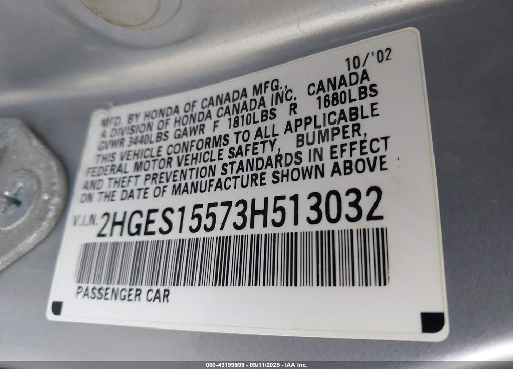 2003 HONDA CIVIC LX VIN: 2HGES15573H513032