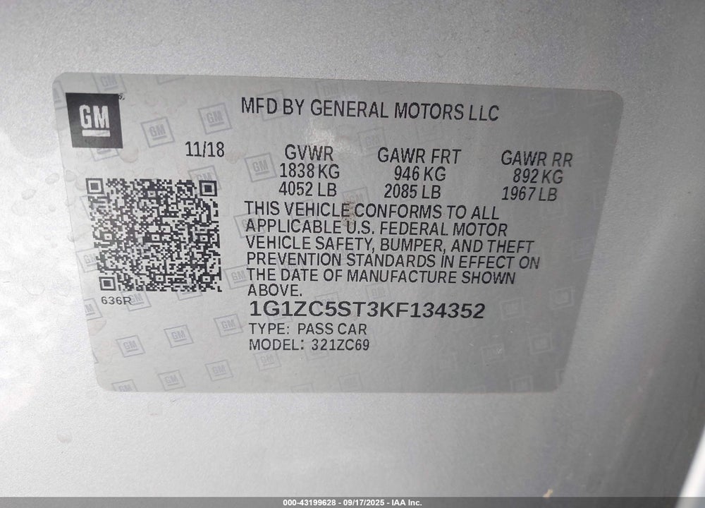 2019 CHEVROLET MALIBU VIN: 1G1ZC5ST3KF134352