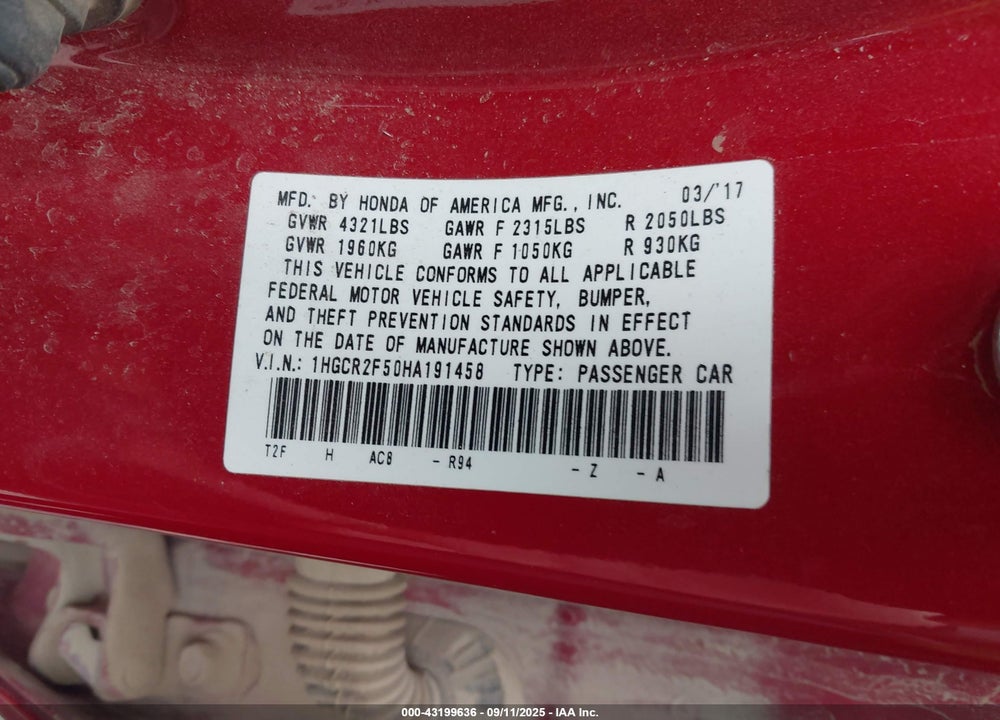 2017 HONDA ACCORD VIN: 1HGCR2F50HA191458
