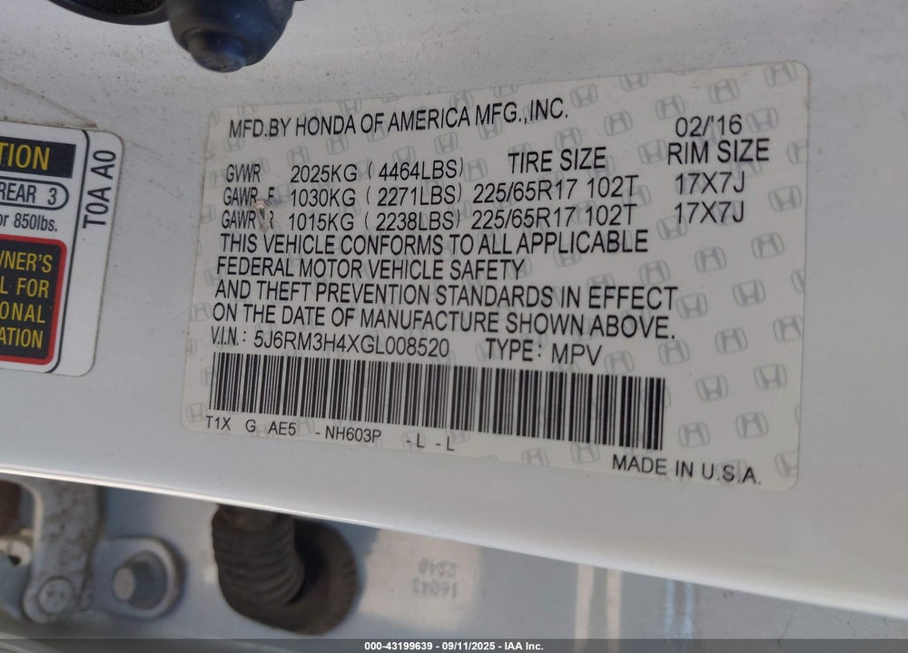 2016 HONDA CR-V SE VIN: 5J6RM3H4XGL008520