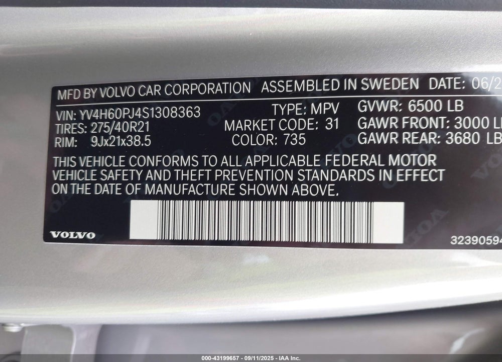 2025 VOLVO XC90 PLUG-IN HYBRID T8 CORE 7-SEATER VIN: YV4H60PJ4S1308363