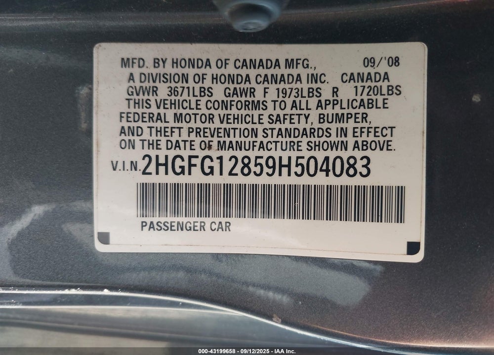 2009 HONDA CIVIC VIN: 2HGFG12859H504083