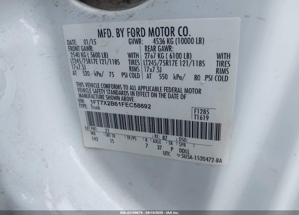 2015 FORD F-250 VIN: 1FT7X2B61FEC58692
