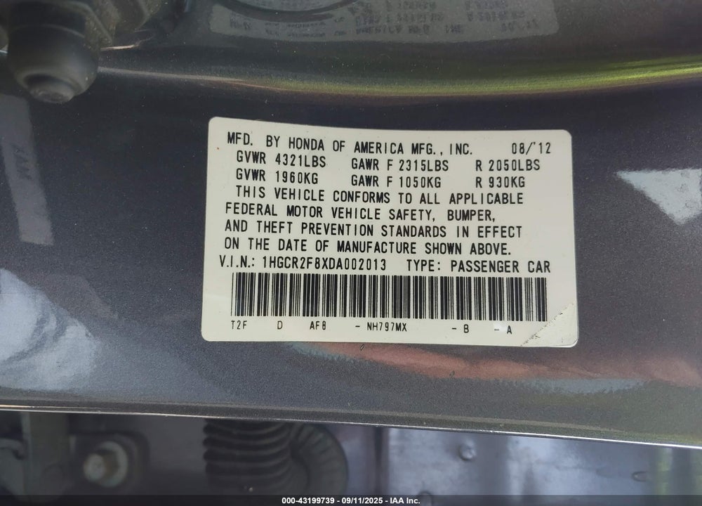 2013 HONDA ACCORD EX-L VIN: 1HGCR2F8XDA002013
