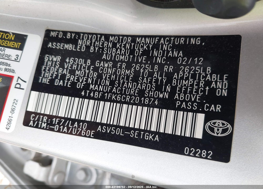 2012 TOYOTA CAMRY VIN: 4T4BF1FK6CR201874