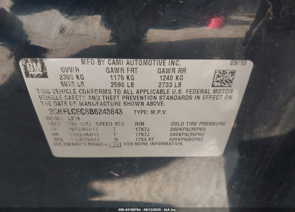 2011 CHEVROLET EQUINOX VIN: 2CNFLCEC8B6243843