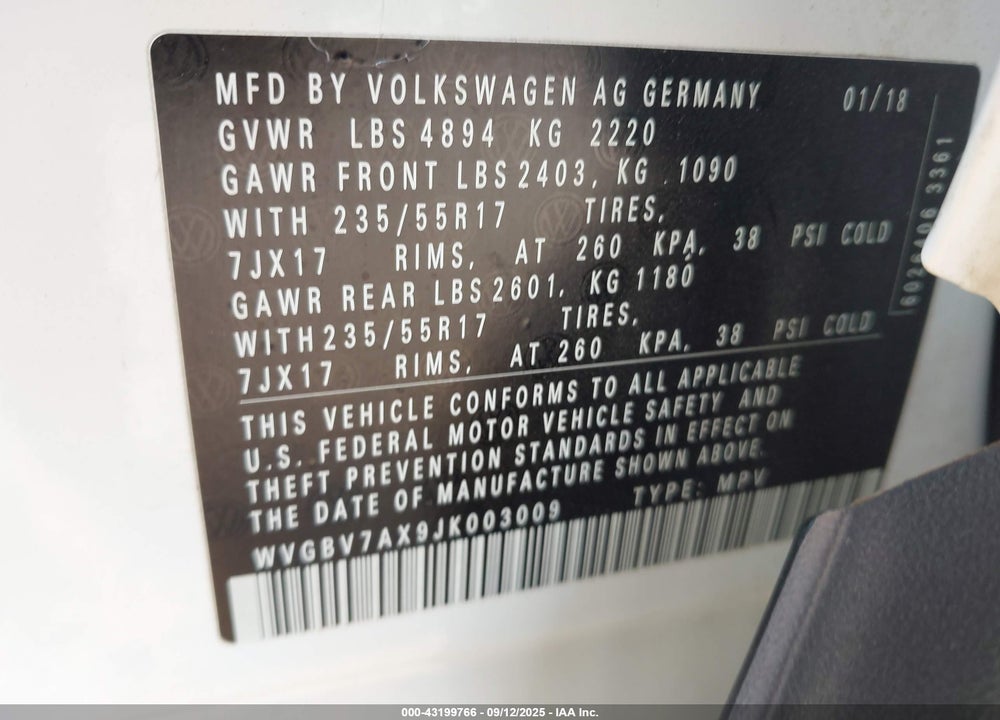 2018 VOLKSWAGEN TIGUAN LIMITED 2.0T VIN: WVGBV7AX9JK003009