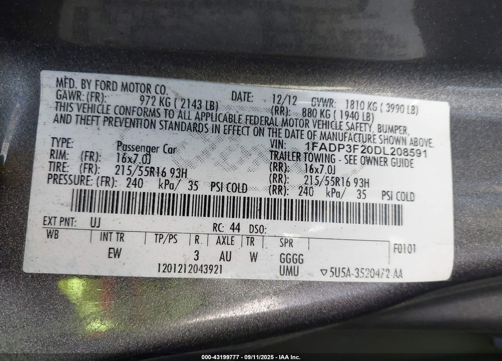 2013 FORD FOCUS VIN: 1FADP3F20DL208591