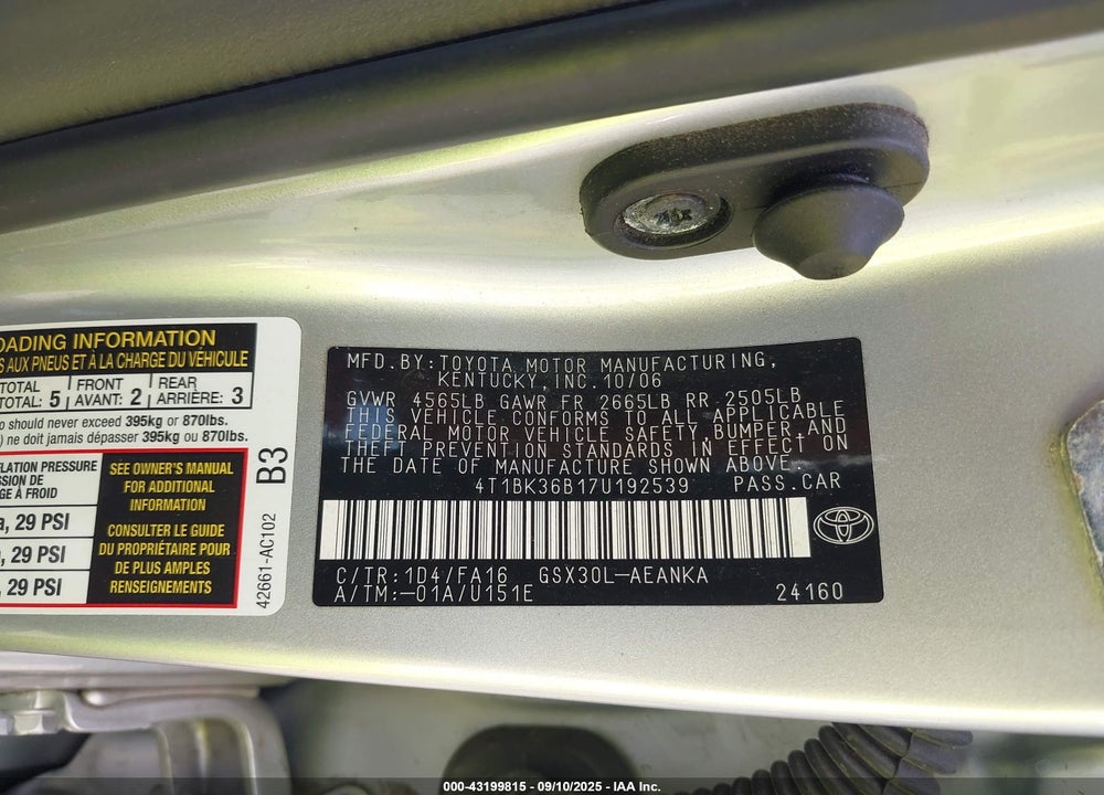 2007 TOYOTA AVALON XL VIN: 4T1BK36B17U192539
