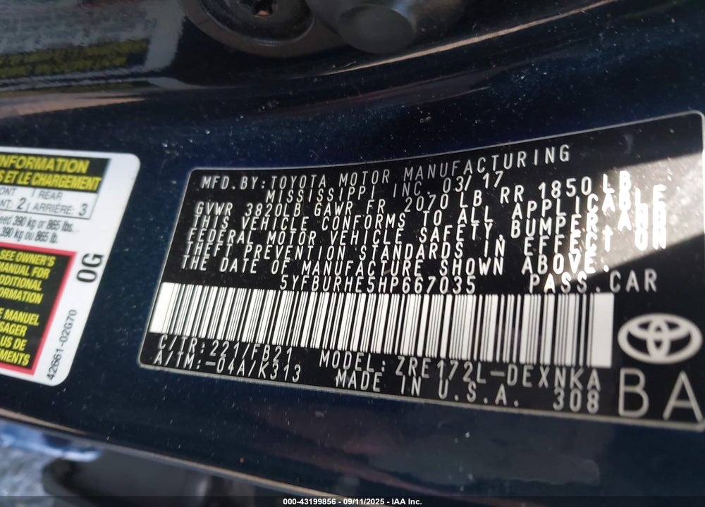 2017 TOYOTA COROLLA LE VIN: 5YFBURHE5HP667035