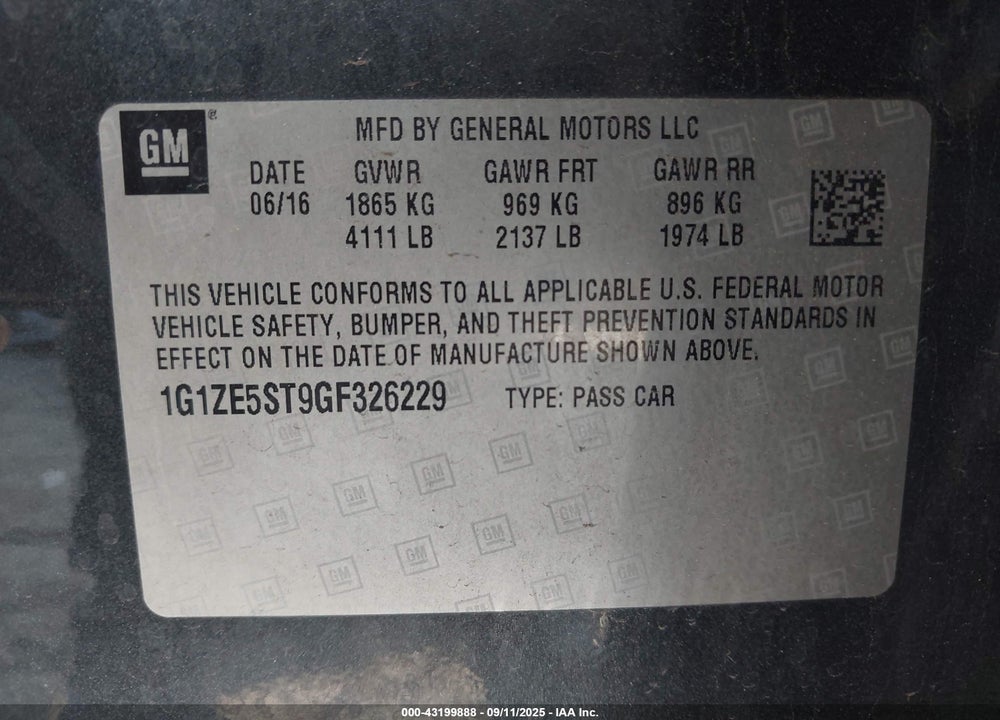 2016 CHEVROLET MALIBU VIN: 1G1ZE5ST9GF326229