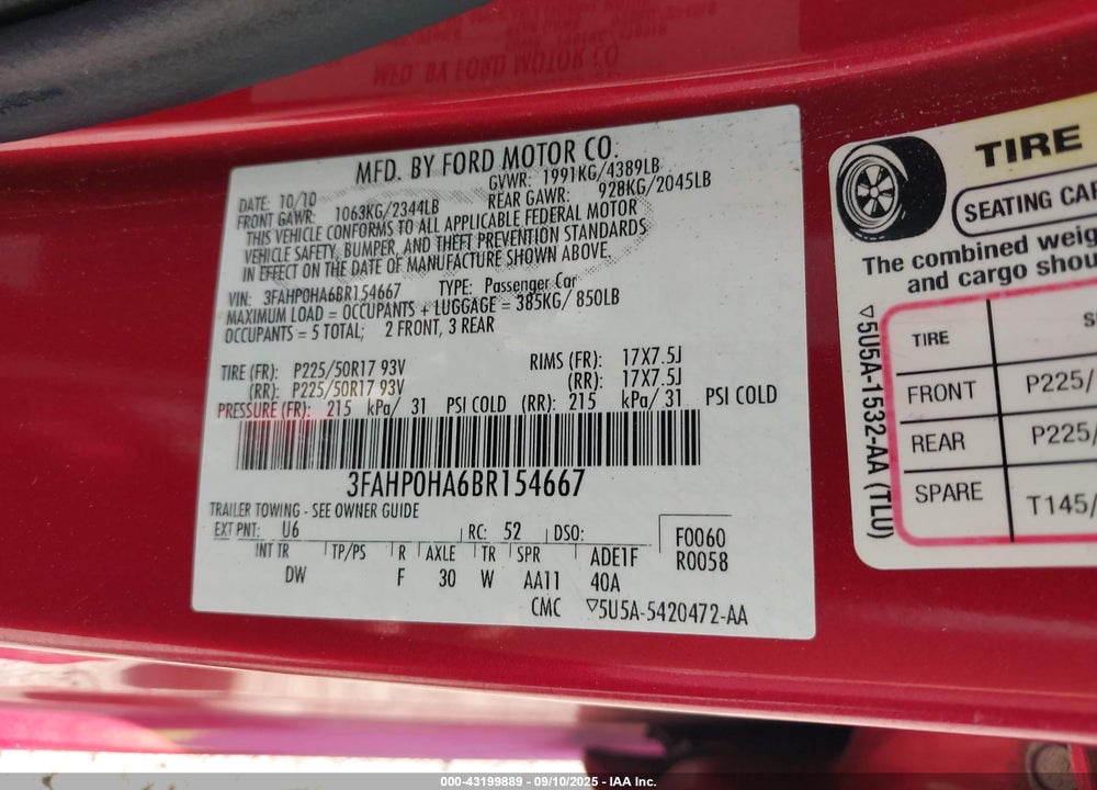 2011 FORD FUSION VIN: 3FAHP0HA6BR154667