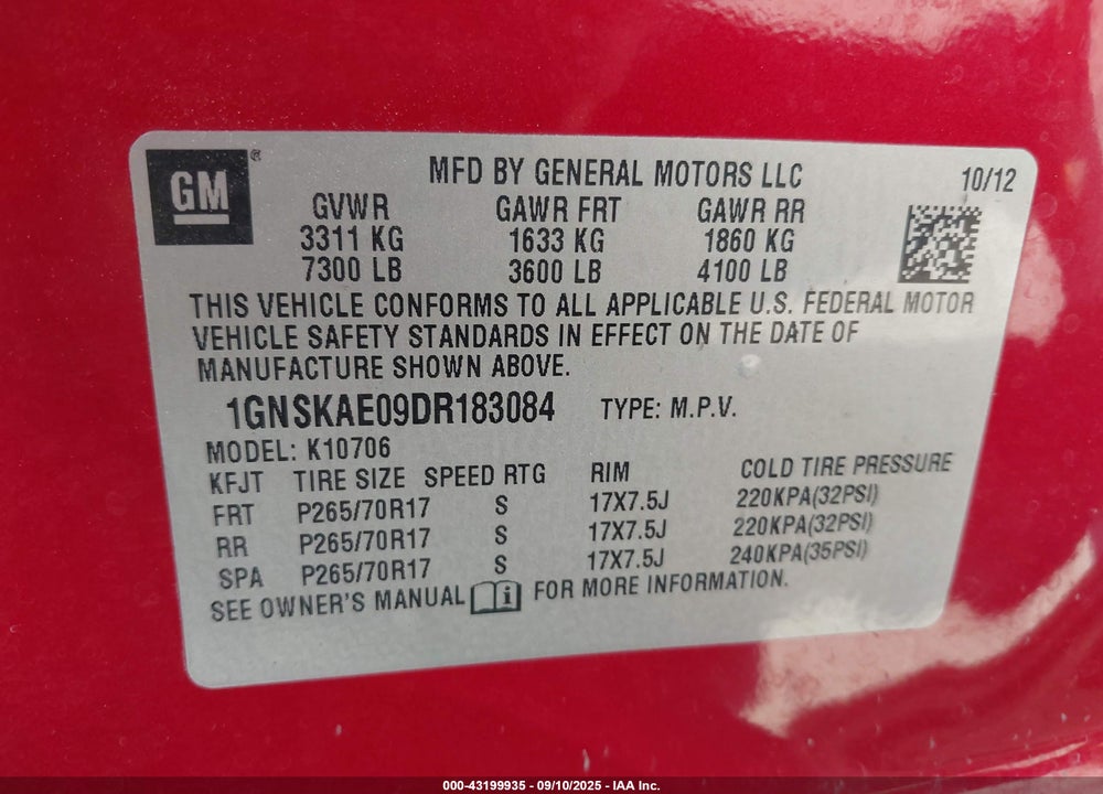 2013 CHEVROLET TAHOE VIN: 1GNSKAE09DR183084