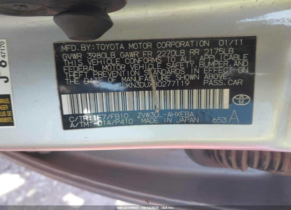 2011 TOYOTA PRIUS VIN: JTDKN3DUXB0277119