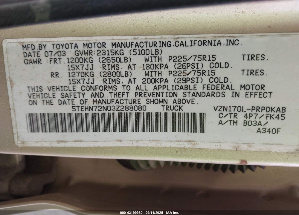 2003 TOYOTA TACOMA BASE V6 VIN: 5TEHN72N03Z288080
