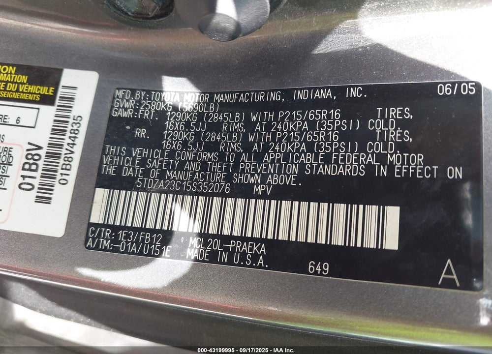 2005 TOYOTA SIENNA LE VIN: 5TDZA23C15S352076
