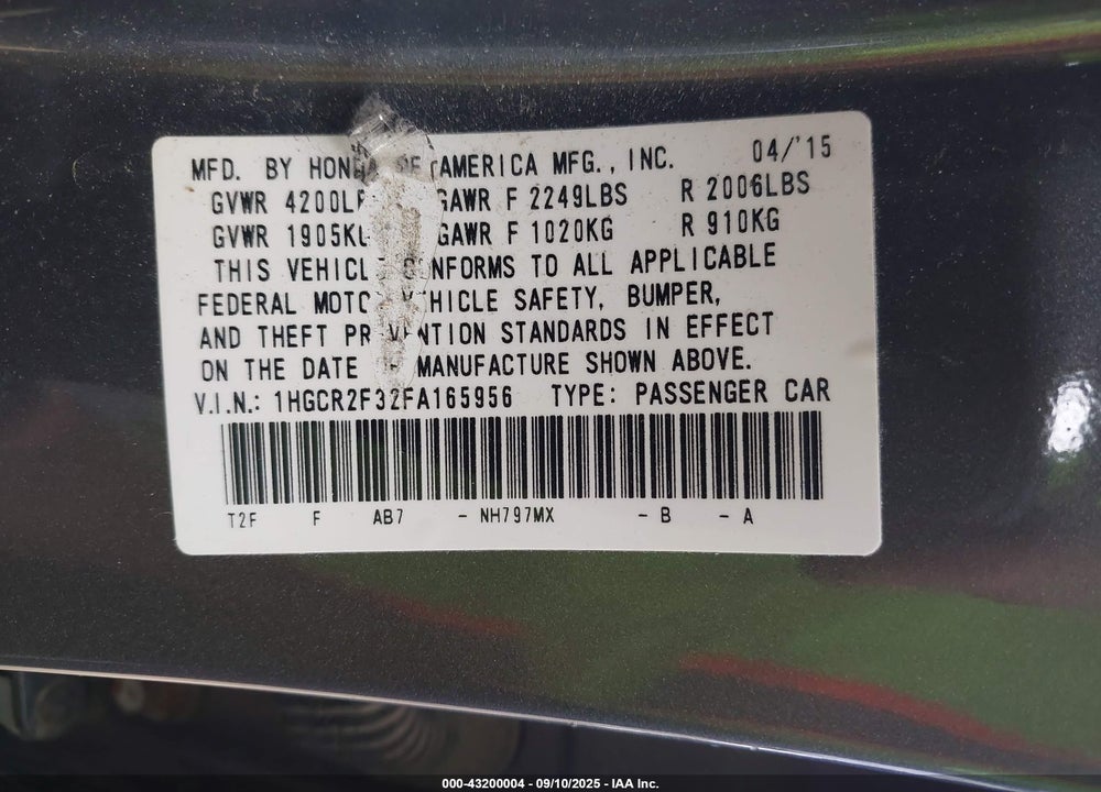 2015 HONDA ACCORD VIN: 1HGCR2F32FA165956