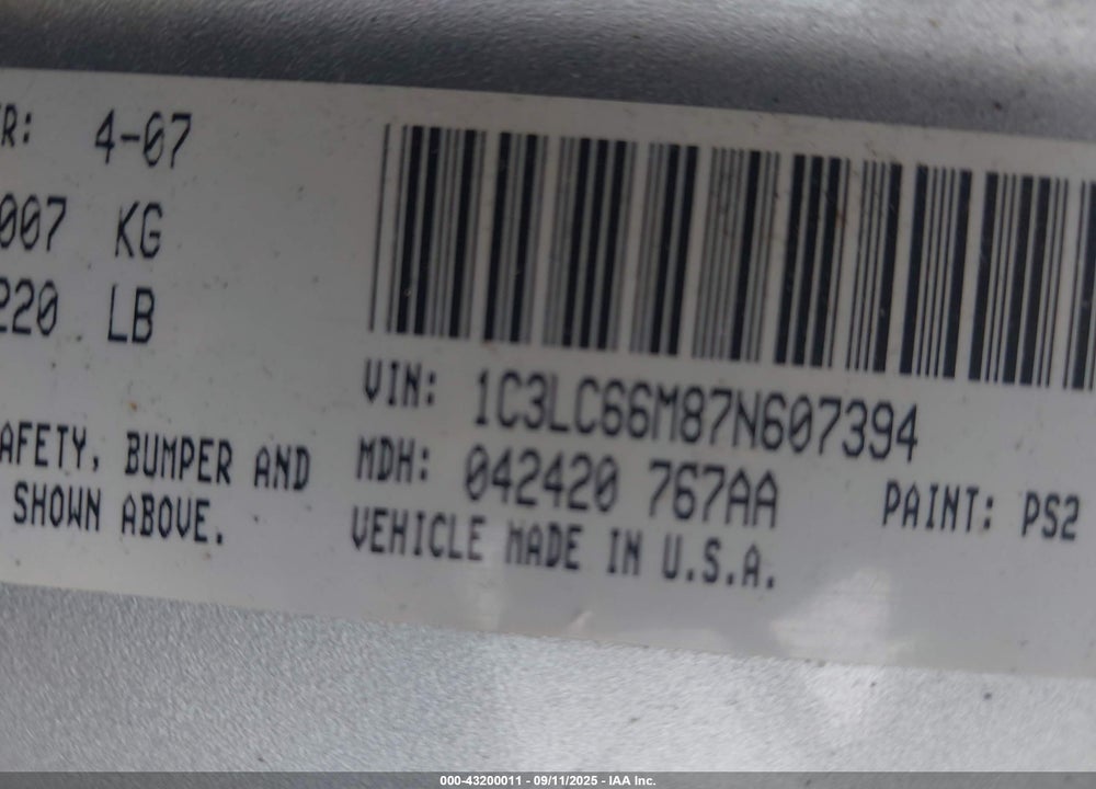 2007 CHRYSLER SEBRING LIMITED VIN: 1C3LC66M87N607394
