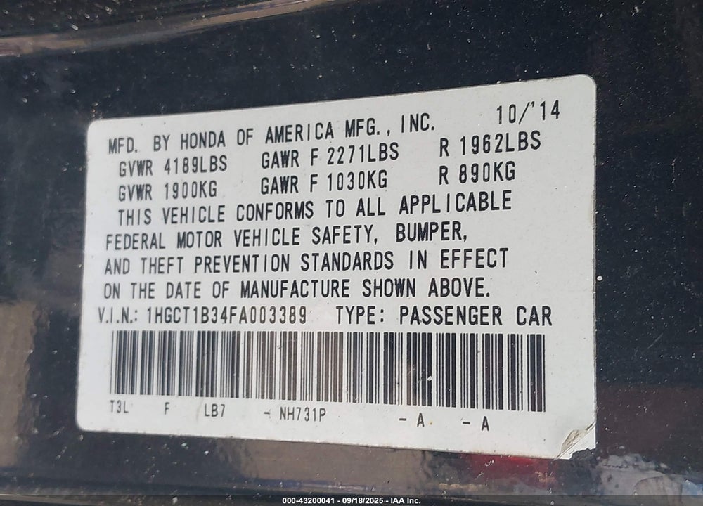2015 HONDA ACCORD LX-S VIN: 1HGCT1B34FA003389
