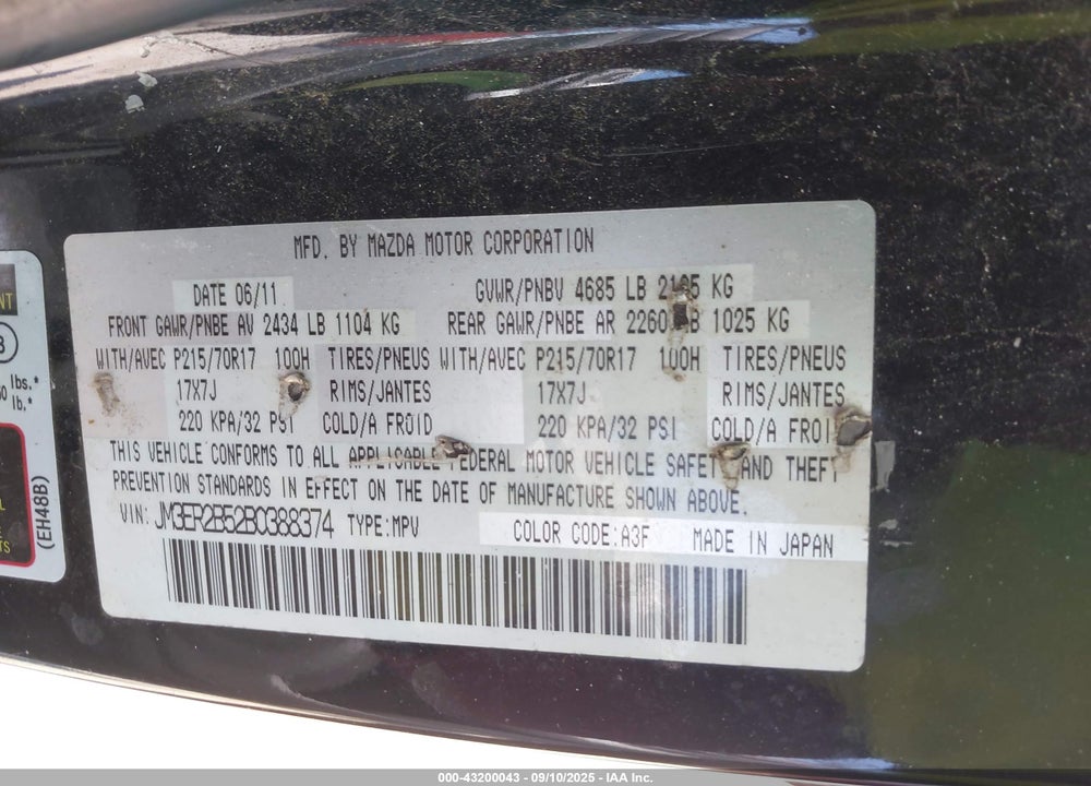 2011 MAZDA CX-7 I SPORT VIN: JM3ER2B52B0388374