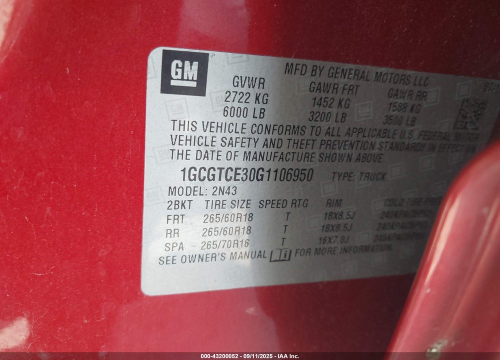 2016 CHEVROLET COLORADO LT VIN: 1GCGTCE30G1106950