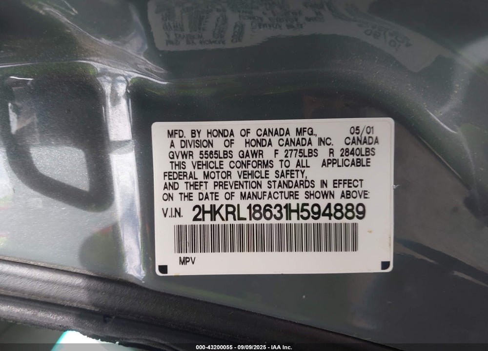 2001 HONDA ODYSSEY EX VIN: 2HKRL18631H594889
