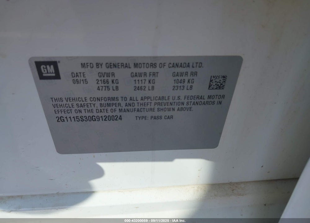 2016 CHEVROLET IMPALA VIN: 2G1115S30G9120024