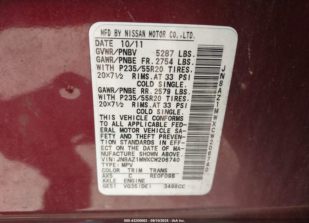 2012 NISSAN MURANO VIN: JN8AZ1MWXCW206740