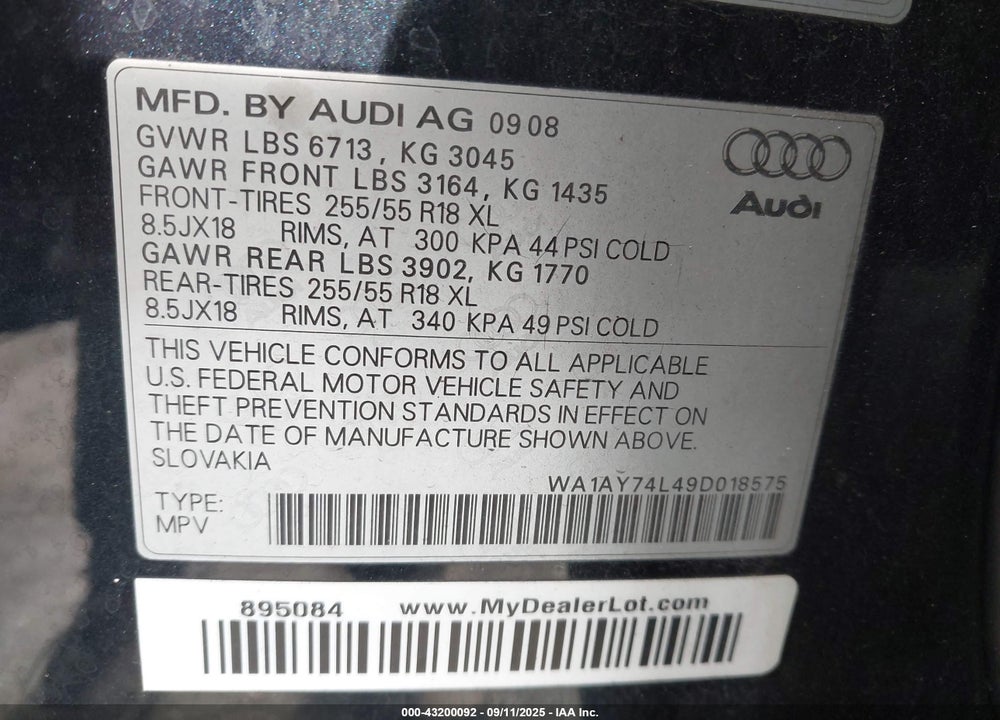 2009 AUDI Q7 3.6 5 PASSENGER/3.6 PREMIUM VIN: WA1AY74L49D018575