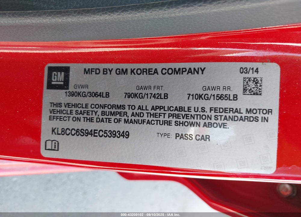 2014 CHEVROLET SPARK VIN: KL8CC6S94EC539349