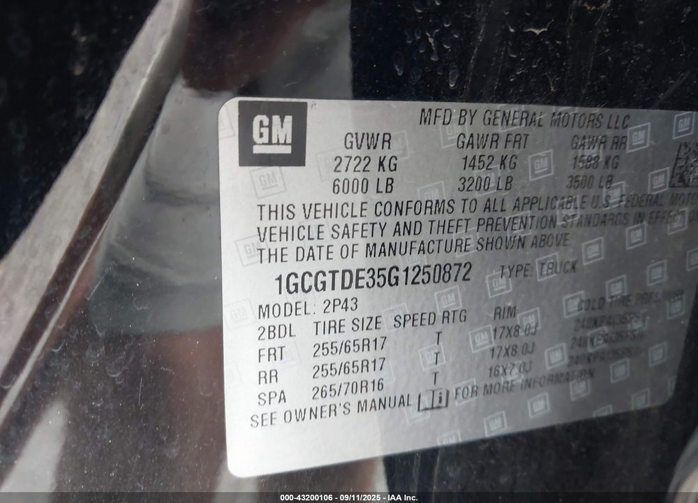 2016 CHEVROLET COLORADO VIN: 1GCGTDE35G1250872