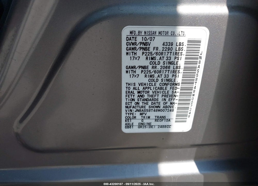 2008 NISSAN ROGUE SL VIN: JN8AS58T48W007248