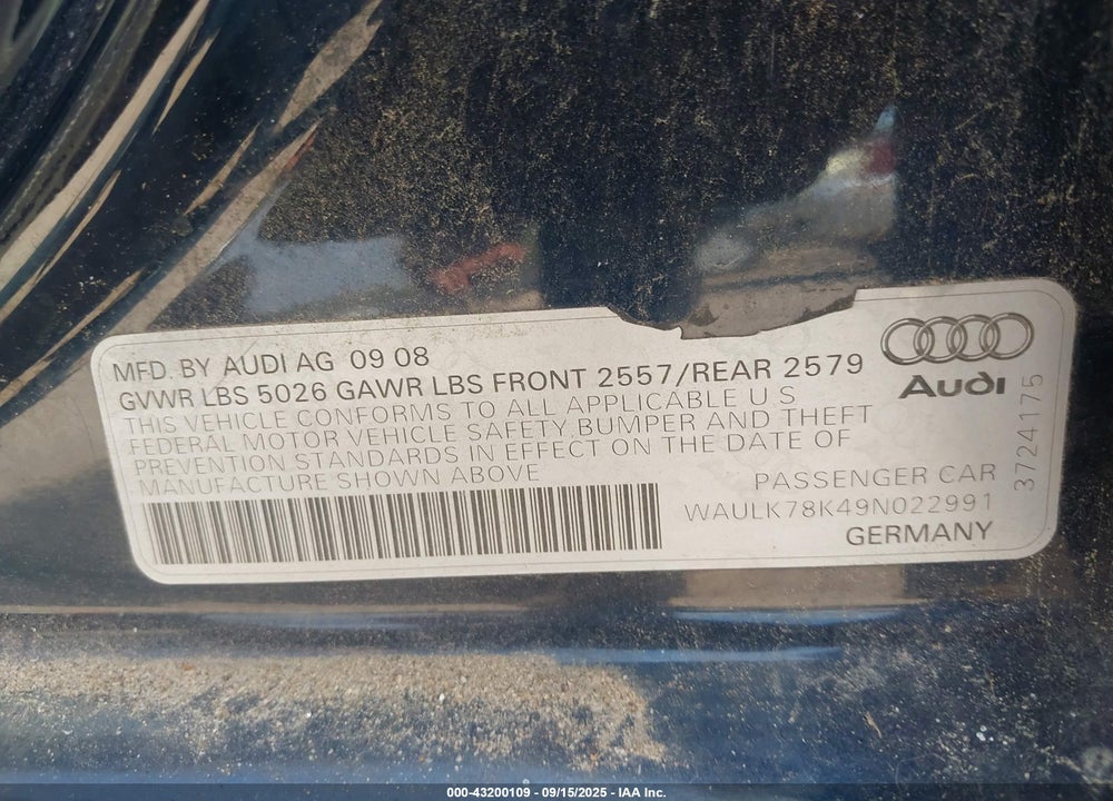 2009 AUDI A4 3.2 PREMIUM PLUS VIN: WAULK78K49N022991