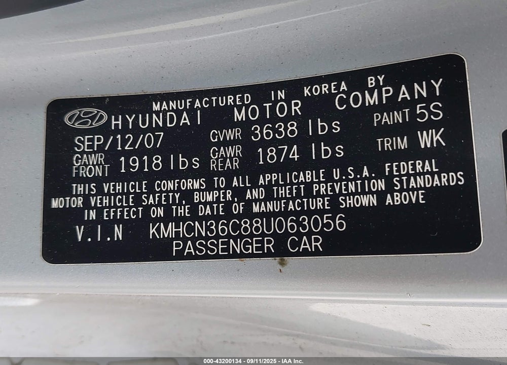 2008 HYUNDAI ACCENT SE VIN: KMHCN36C88U063056