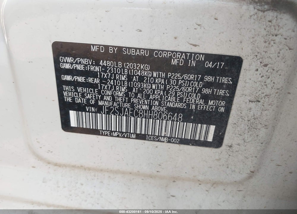 2017 SUBARU FORESTER VIN: JF2SJAEC8HH806648
