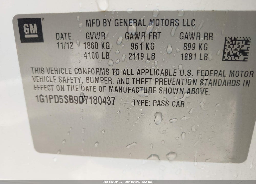 2013 CHEVROLET CRUZE VIN: 1G1PD5SB9D7180437