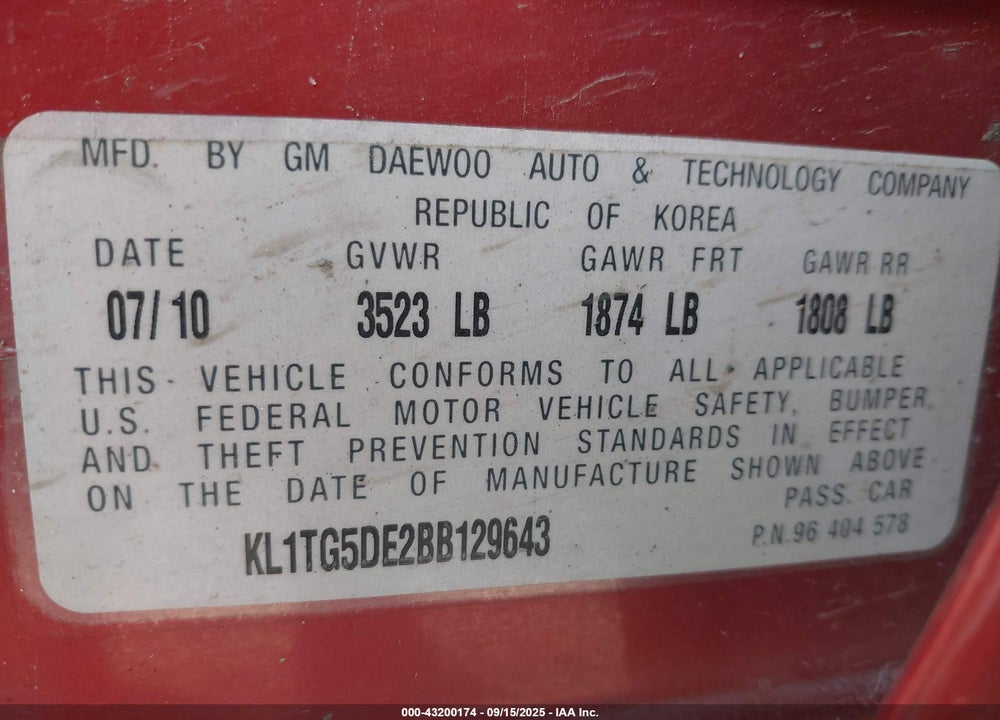 2011 CHEVROLET AVEO VIN: KL1TG5DE2BB129643