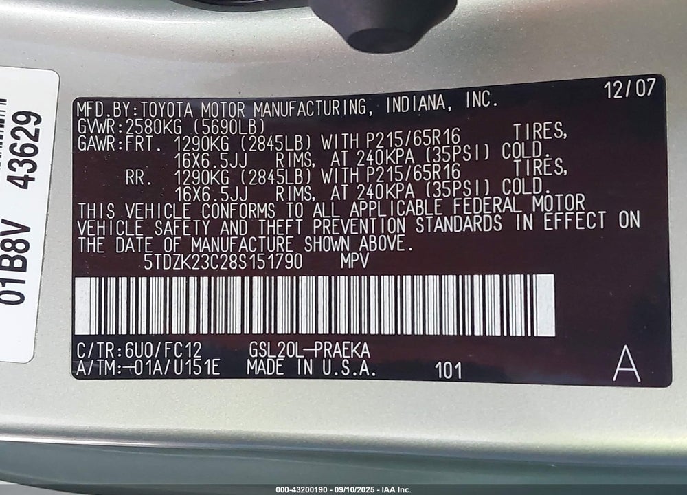 2008 TOYOTA SIENNA LE VIN: 5TDZK23C28S151790