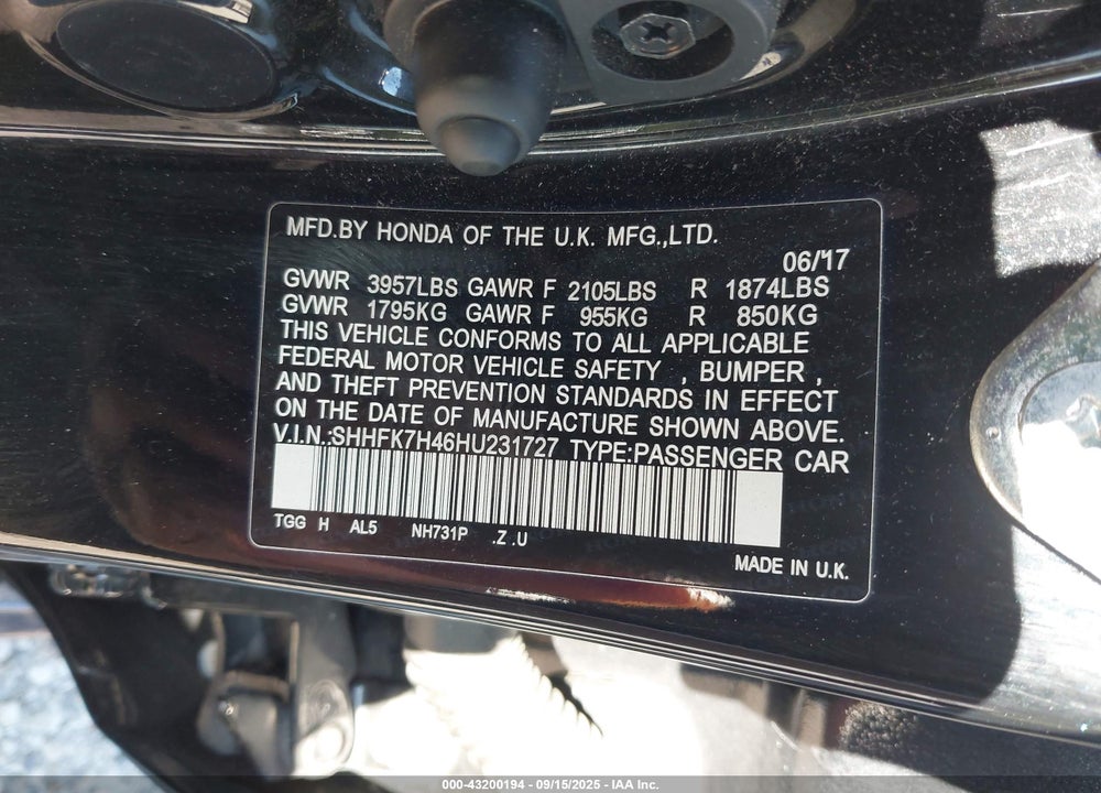 2017 HONDA CIVIC VIN: SHHFK7H46HU231727
