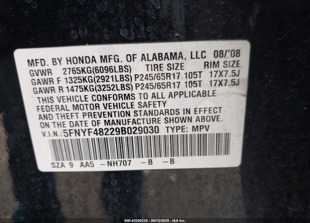 2009 HONDA PILOT VIN: 5FNYF48229B029030